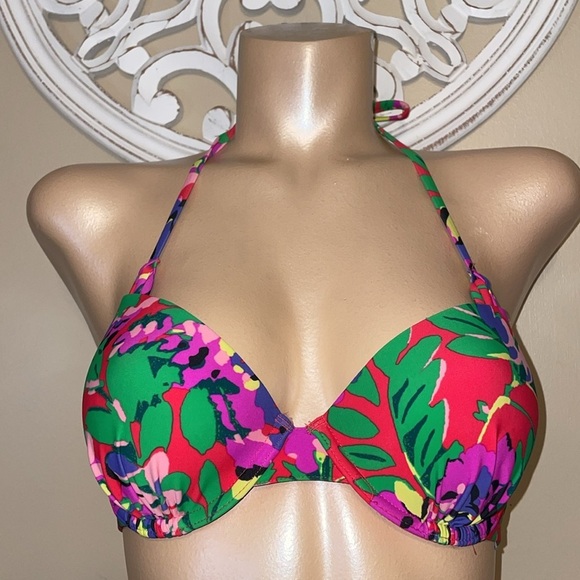 Aerie women’s bikini 34c medium top halter underwire bottom red floral - Picture 2 of 11